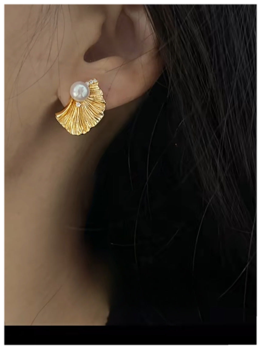 Golden Fan Pearl Earrings