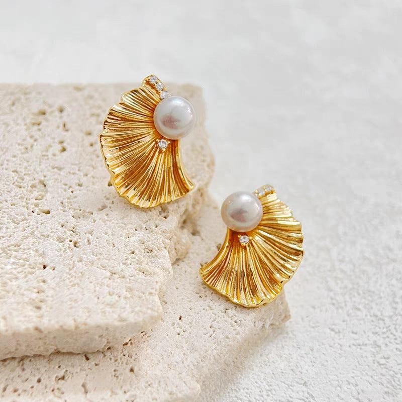 Golden Fan Pearl Earrings