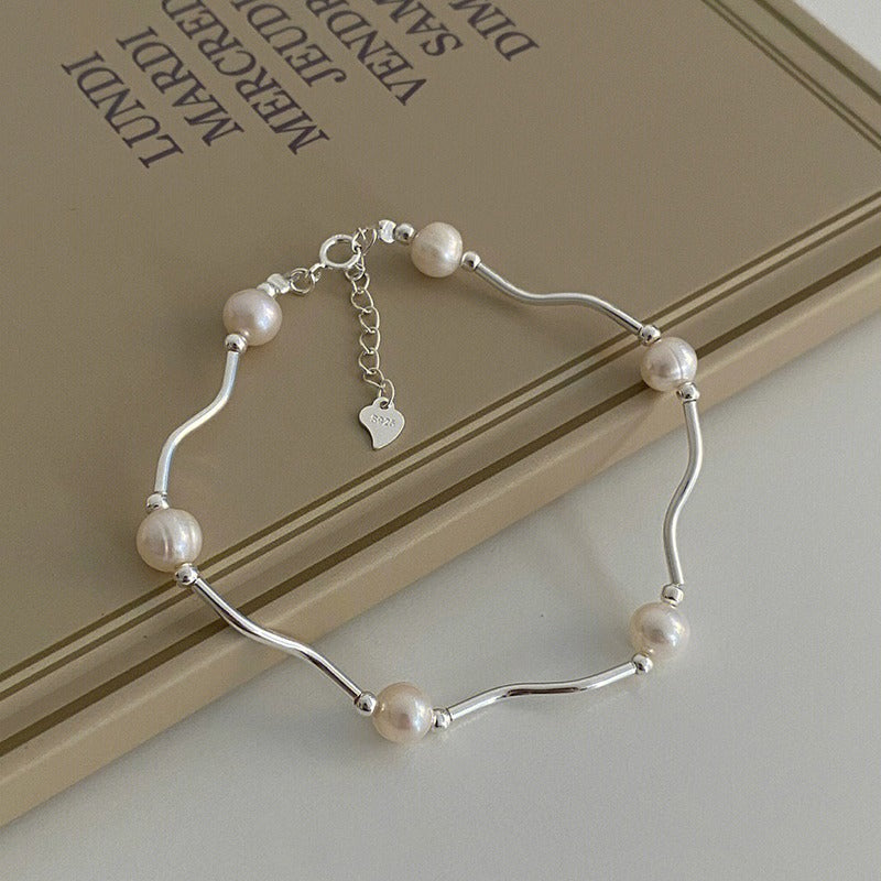 Silver Wave Pearl Bracelet