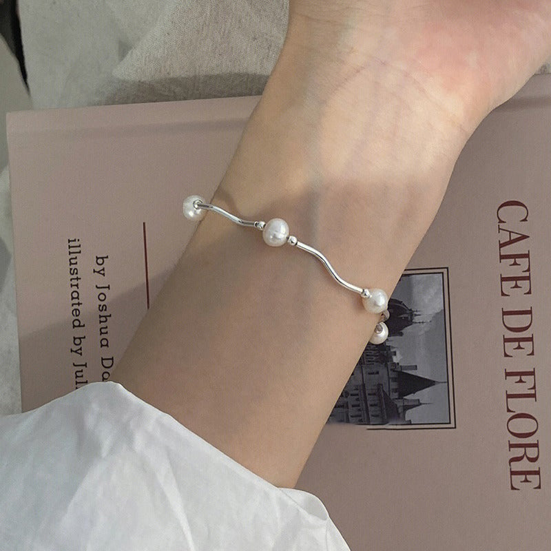 Silver Wave Pearl Bracelet