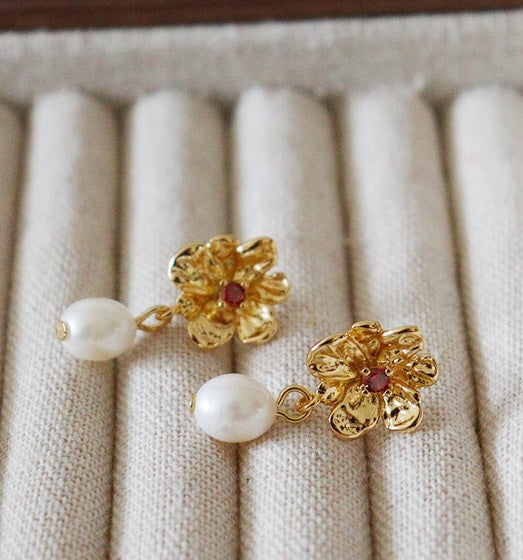 Golden Bloom Pearl Earrings
