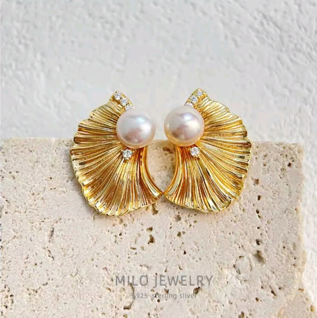 Golden Fan Pearl Earrings