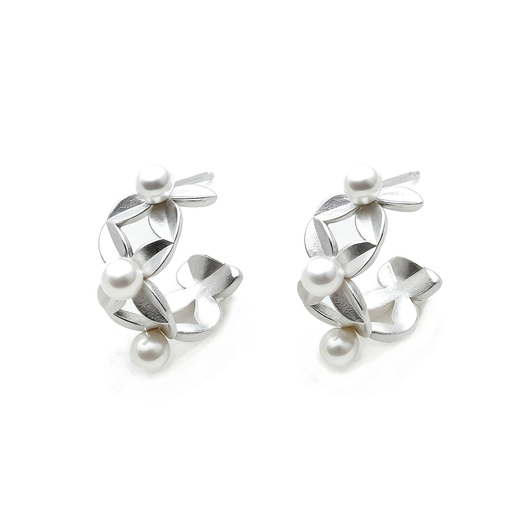 Silver Clover Pearl Stud Earrings
