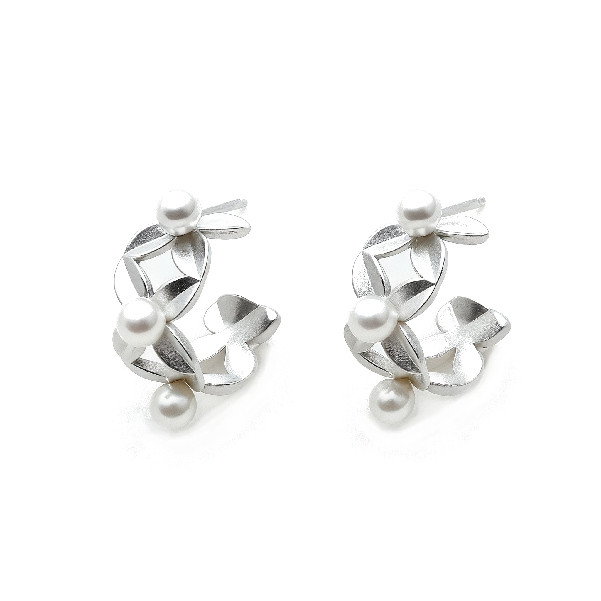 Silver Clover Pearl Stud Earrings